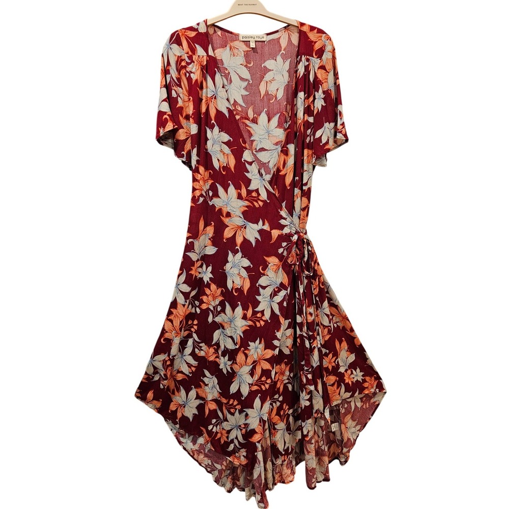 Paisley Raye Wrap Dress Floral Print Burgundy Blue XL Boho